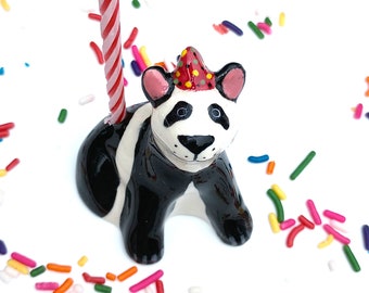 Panda Birthday Candle Holder, Ceramic Cake Topper, Panda Bear Party Cake Candle Holder