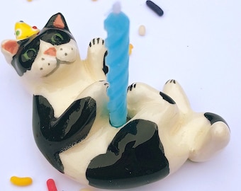 Black and White Cat Candle Holder, Ceramic Cake Topper, Black Kitten Party Decoration