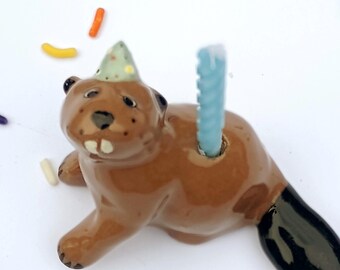 Beaver Birthday Candle Holder, Ceramic Cake Topper, Wildlife Party Decoration