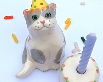 Grey Spotted Cat and Cake set, Candle Holder, Ceramic Topper,  Kitten Party Decoration