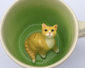 Yellow Tabby Surprise Mug, Orange Striped Kitty Hiding Inside Cup