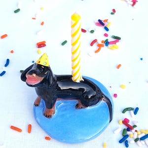 Black and Tan Dachshund Candle Holder, Ceramic Cake Topper, Birthday Cake Gift