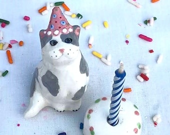 Grey and White Cat and Cake set, Candle Holder, Ceramic Cake Topper,  Kitten Party Cake Candle Holder