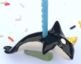 Orca Candle Holder, Ceramic Cake Topper, Orca Party Birthday Decoration