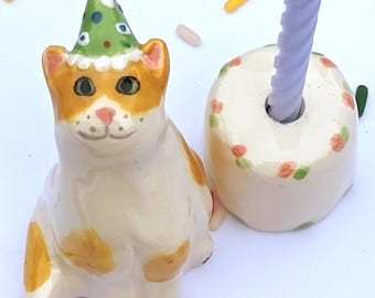 Orange Spotted Cat and Cake set, Candle Holder, Ceramic Topper,  Kitten Party Decoration