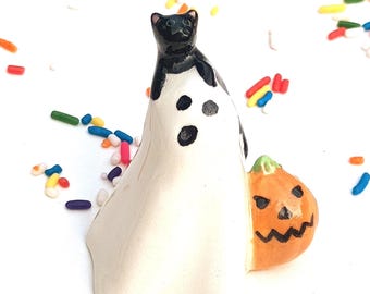 Halloween Ceramic Cake Topper, Ghost and Pumpkin Party Cake Decoration