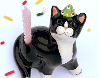 Black and White Cat Candle Holder, Ceramic Cake Topper, Tuxedo Kitten Party Decoration