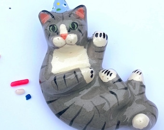 Gray and White Tabby Cat Handmade Ceramic Cake Topper, Grey Kitten Party Cake Decoration