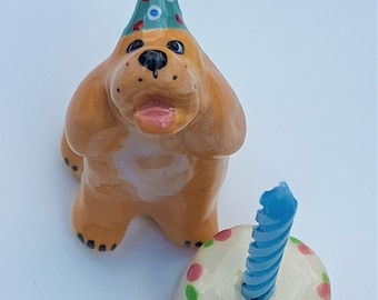 Cocker Spaniel and Cake Set, Candle Holder, Ceramic Cake Topper, Birthday Cake Gift