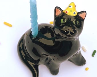 Black Cat Candle Holder, Ceramic Cake Topper, Black Kitten Party Cake Candle Holder