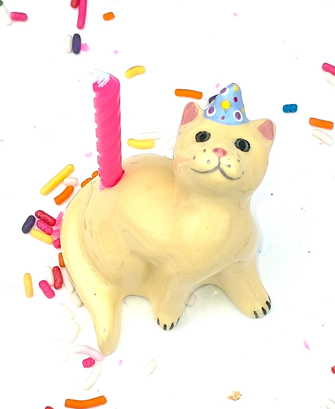 Cat Candle Holder, Ceramic Cake Topper, Yellow Kitten Party Cake Candle