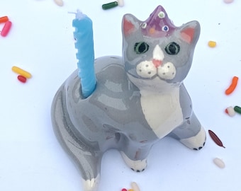 Gray and White Tuxedo Cat Candle Holder, Ceramic Cake Topper, Grey Kitten Party Cake Decoration