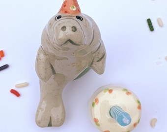 Manatee and Cake set, Candle Holder,  Party Topper