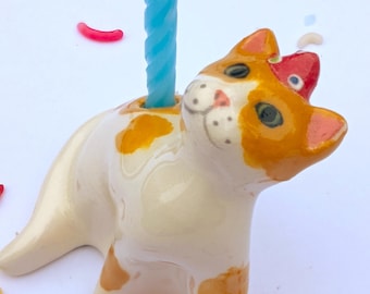 Cat Candle Holder, Ceramic Cake Topper, Orange Spotted Kitten Party Cake Decoration