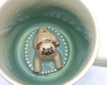 Pug on a Rug Surprise Mug, Paw Printed Peek a Boo Coffee Cup