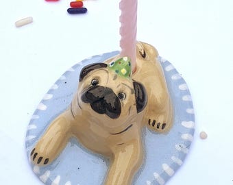 Pug Candle Holder, Ceramic Cake Topper, Birthday Cake Gift
