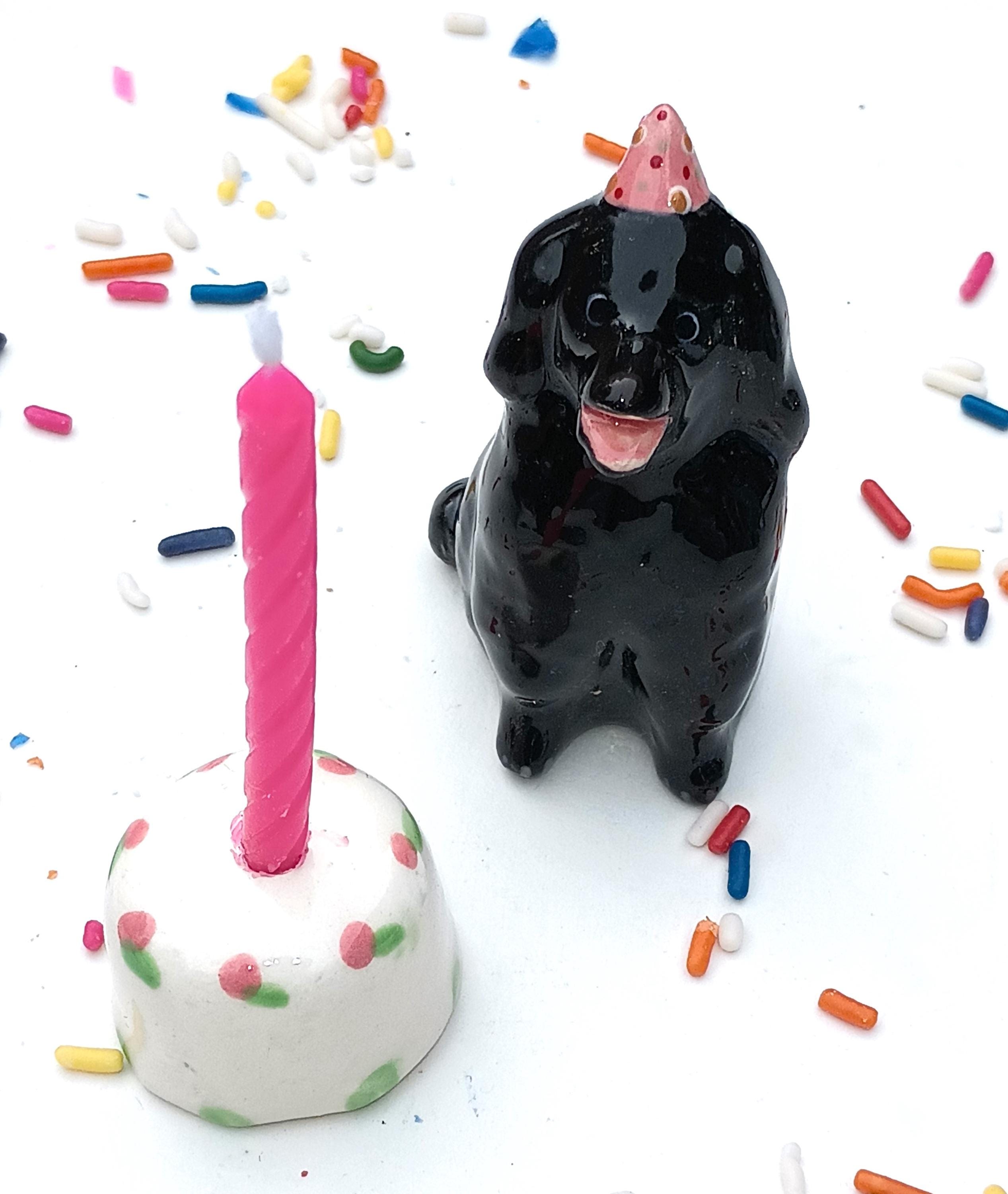 Black Poodle and Cake Set, Candle Holder, Ceramic Cake Topper