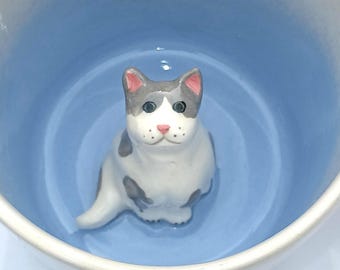 Grey Spotted Fluffy Cat Surprise Mug, Kitten Inside Peekaboo Teacup