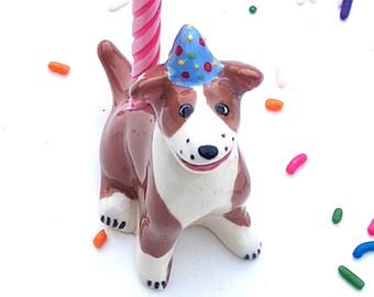 Terrier Puppy Candle Holder, Ceramic Cake Topper, Party Puppy Birthday Cake Gift