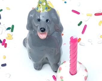 Grey Poodle and Cake Set, Candle Holder, Ceramic Cake Topper, Birthday Cake Gift
