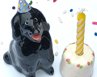 Black Poodle and Cake Set, Candle Holder, Ceramic Cake Topper, Birthday Cake Gift