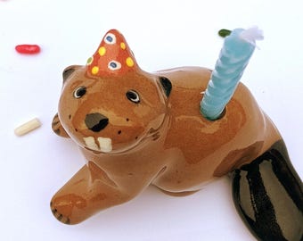 Beaver Birthday Candle Holder, Ceramic Cake Topper, Wildlife Party Decoration