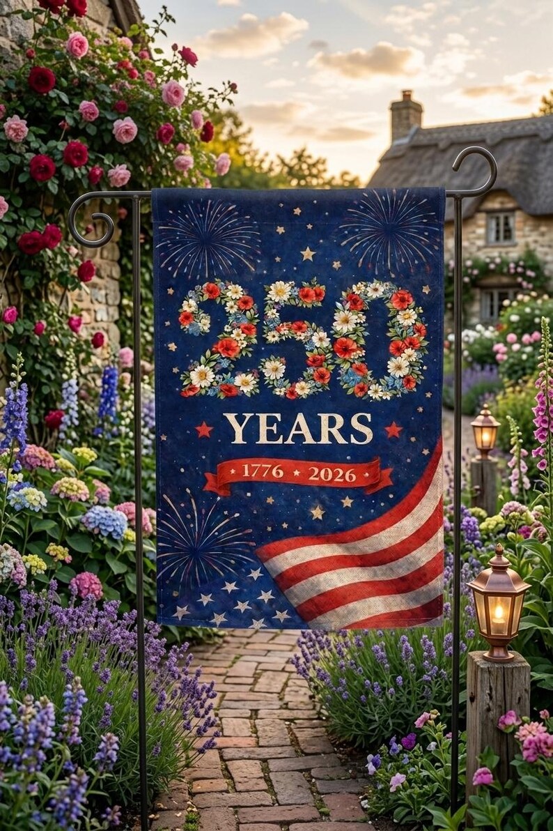 May include: A patriotic garden flag with a navy blue background, featuring the text "250 YEARS" in floral design, and the American flag. The flag commemorates the years 1776-2026. Fireworks and stars decorate the background.