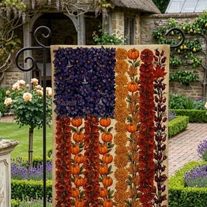 Floral American Garden Flag, Fall Pumpkin Patriotic Yard Decor, Folk Art Autumn Sign, 12x18