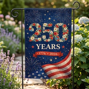 250 Years Garden Flag, 1776-2026 Patriotic Floral Flag, USA Anniversary Yard Decor, Independence Day Outdoor Flag image 1