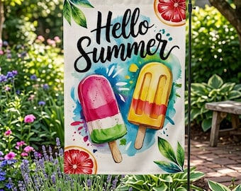 Hello Summer Garden Flag, Popsicle Yard Flag, Summer Vibes Outdoor Decor, Cute Ice Cream Garden Flag, Bright Summer Flag