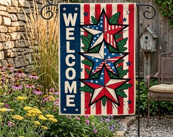 Patriotic Welcome Garden Flag, Barn Star American Flag, Farmhouse USA Yard Decor, 4th of July Flag