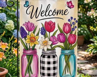 Floral Mason Jar Garden Flag, Spring Welcome Flag, Farmhouse Flower Yard Decor, Tulip Daisy Garden Flag