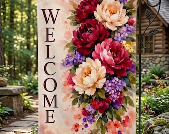 Floral Welcome Garden Flag, Watercolor Flower Yard Flag, Elegant Spring Garden Decor, Vintage Floral Outdoor Flag