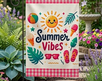 Summer Vibes Garden Flag, Cute Summer Yard Decor, Colorful Beach Theme Flag, Sunny Outdoor Porch Decor