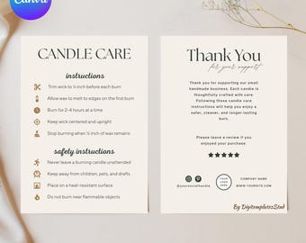 May include: Two cream-colored cards with candle care and safety instructions, and a thank you message. The left card details instructions like trimming the wick and burn times. The right card thanks customers and encourages reviews.