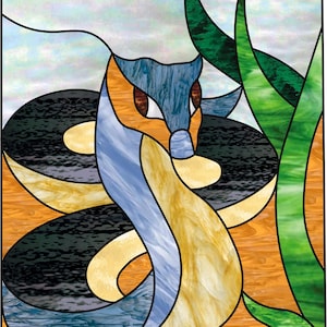 May include: A stained glass panel depicting a coiled snake with a blue and orange head, a black and yellow patterned body, and green foliage against a light blue sky and orange ground, all outlined in black lead lines in a rectangular frame.