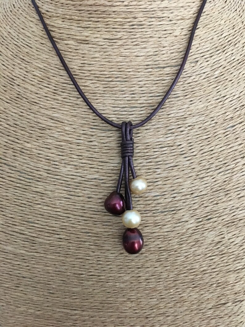 USA Seller Garnet /& Gold FRESHWATER Pearl and Metallic Brown Leather Tassel Necklace Round Pearl Seminoles Any Size Noles FSU