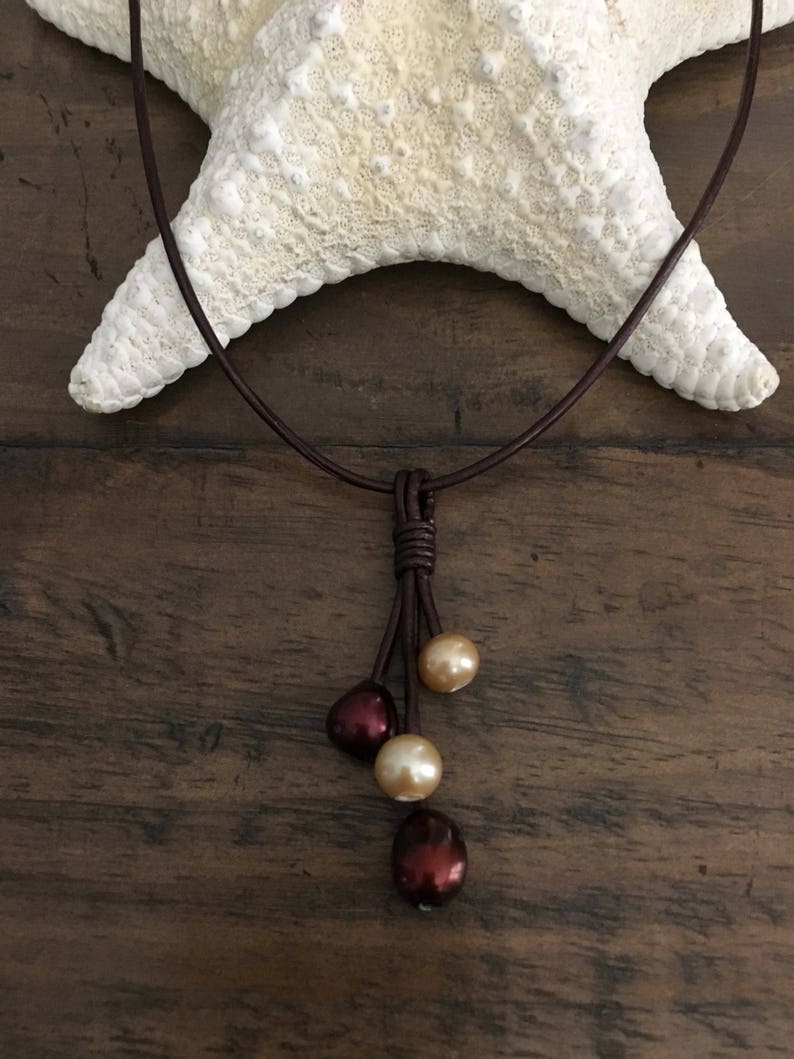 USA Seller Garnet /& Gold FRESHWATER Pearl and Metallic Brown Leather Tassel Necklace Round Pearl Seminoles Any Size Noles FSU
