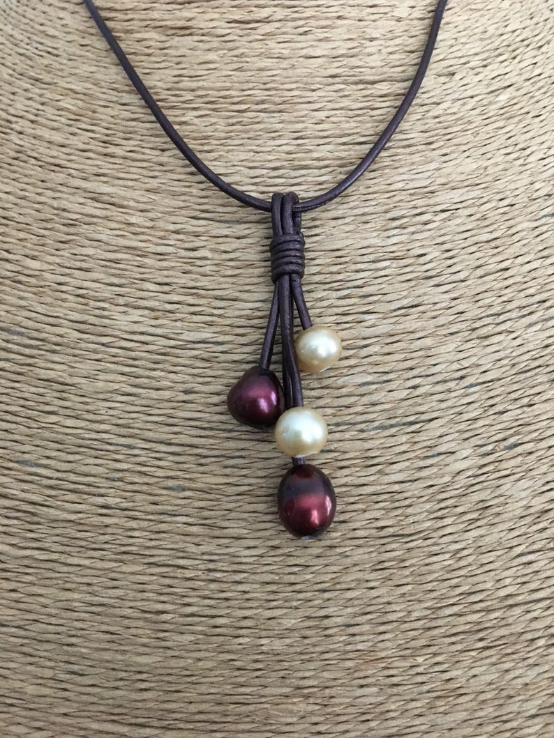 USA Seller Garnet /& Gold FRESHWATER Pearl and Metallic Brown Leather Tassel Necklace Round Pearl Seminoles Any Size Noles FSU