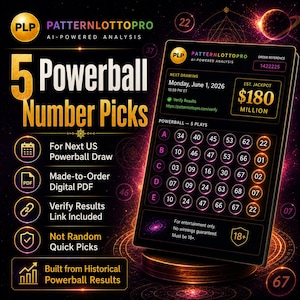 May include: A digital graphic for PatternLottoPro displaying 5 Powerball number picks for the June 1, 2026 drawing with an estimated $180 million jackpot. The display features a grid of numbers, order reference 1422225, and text stating for entertainment only.