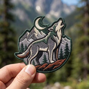 May include: An embroidered patch featuring a gray wolf howling at a crescent moon. The design includes dark green pine trees, light gray mountain peaks, and a brown rocky foreground, all enclosed within a dark green stitched border edge.