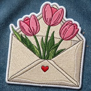 May include: Embroidered patch featuring three pink tulip flowers emerging from a cream-colored envelope. The envelope has a red heart and is outlined with white stitching. Green leaves and stems are visible.