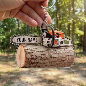 Personalized Chainsaw Acrylic Keychain, Custom Name Lumberjack Keychain, Woodworker Logger Gift, Tool Charm, 2D Flat Acrylic image 1