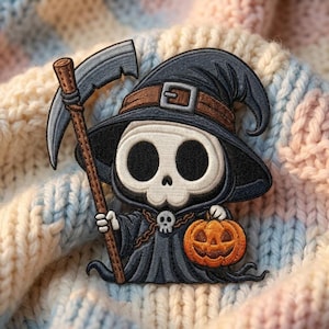 May include: An embroidered patch featuring a cartoon grim reaper character wearing a dark blue pointed hat with a brown belt and buckle. The character holds a scythe with a brown handle and carries a small orange jack-o'-lantern pumpkin.