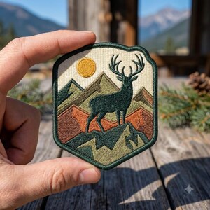 May include: A shield-shaped embroidered patch featuring a dark green stag standing on a mountain peak. The background includes layered mountains in shades of green and orange, a cream-colored sky, and a small, circular yellow sun at the top left.