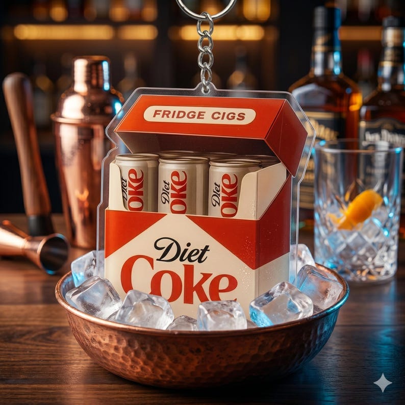 May include: A quirky keychain shaped like a Diet Coke box, complete with three miniature cans. The box is red and white, labelled "Fridge Cigs". It sits in a copper bowl filled with ice cubes. The background suggests a bar setting.