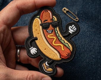 Hot Dog with Glasses Embroidered Patch, Funny Cool Hotdog Iron On Sew On Applique, Cute Food Meme Badge, Jacket Backpack Gift