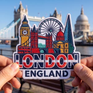 May include: A decorative embroidered patch featuring a colorful skyline of London, England. The design includes iconic landmarks like Big Ben, the London Eye, and Tower Bridge. The word LONDON is stitched in large red and blue letters, with ENGLAND below.