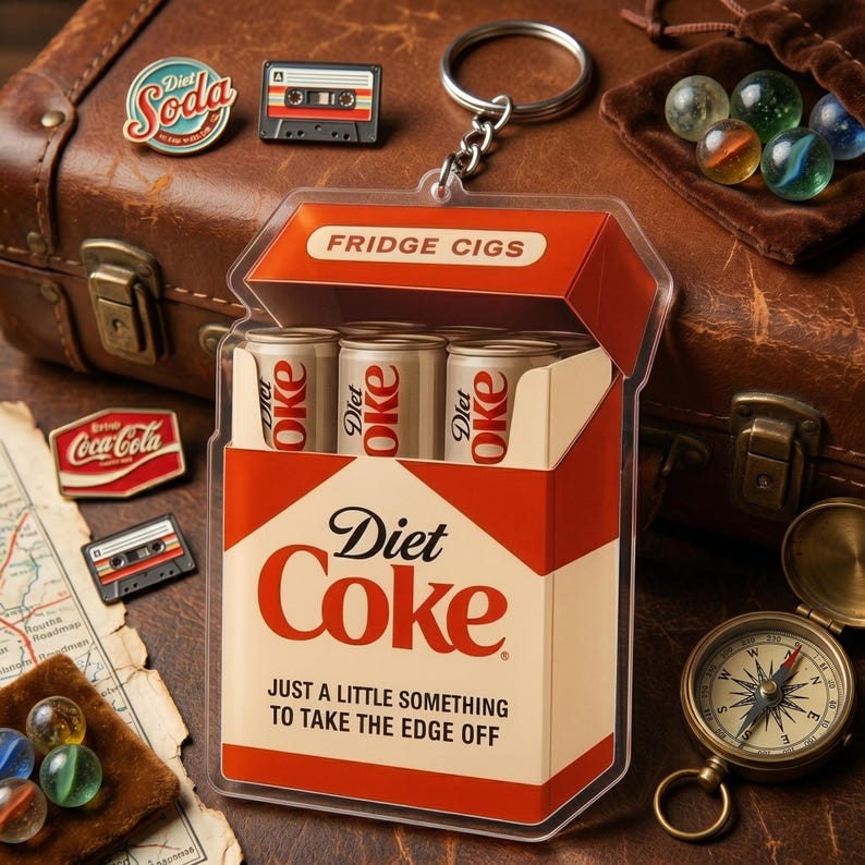 May include: A quirky Diet Coke-themed keychain, designed to resemble a cigarette box, with three tiny cans inside. The box is red and white, with the words "Diet Coke" and "Fridge Cigs". Other items include pins, a compass, marbles, and a vintage suitcase.