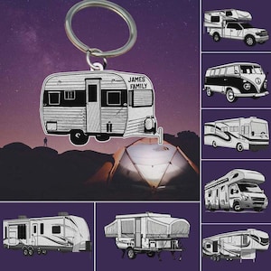 May include: A silver keychain with a camper design, the text "JAMES FAMILY" is visible. The image also includes illustrations of various RVs and camping vehicles. The background features a tent and a starry night sky.